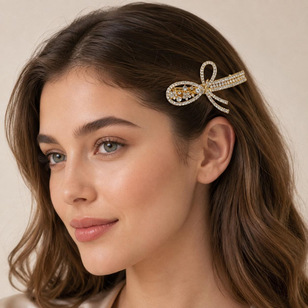 Presilha Laço Oval Vazado com Zircônias Brilhantes Elegante | Grampo Dourado e Prateado Acessório Feminino para Cabelo Dia a Dia e Festas