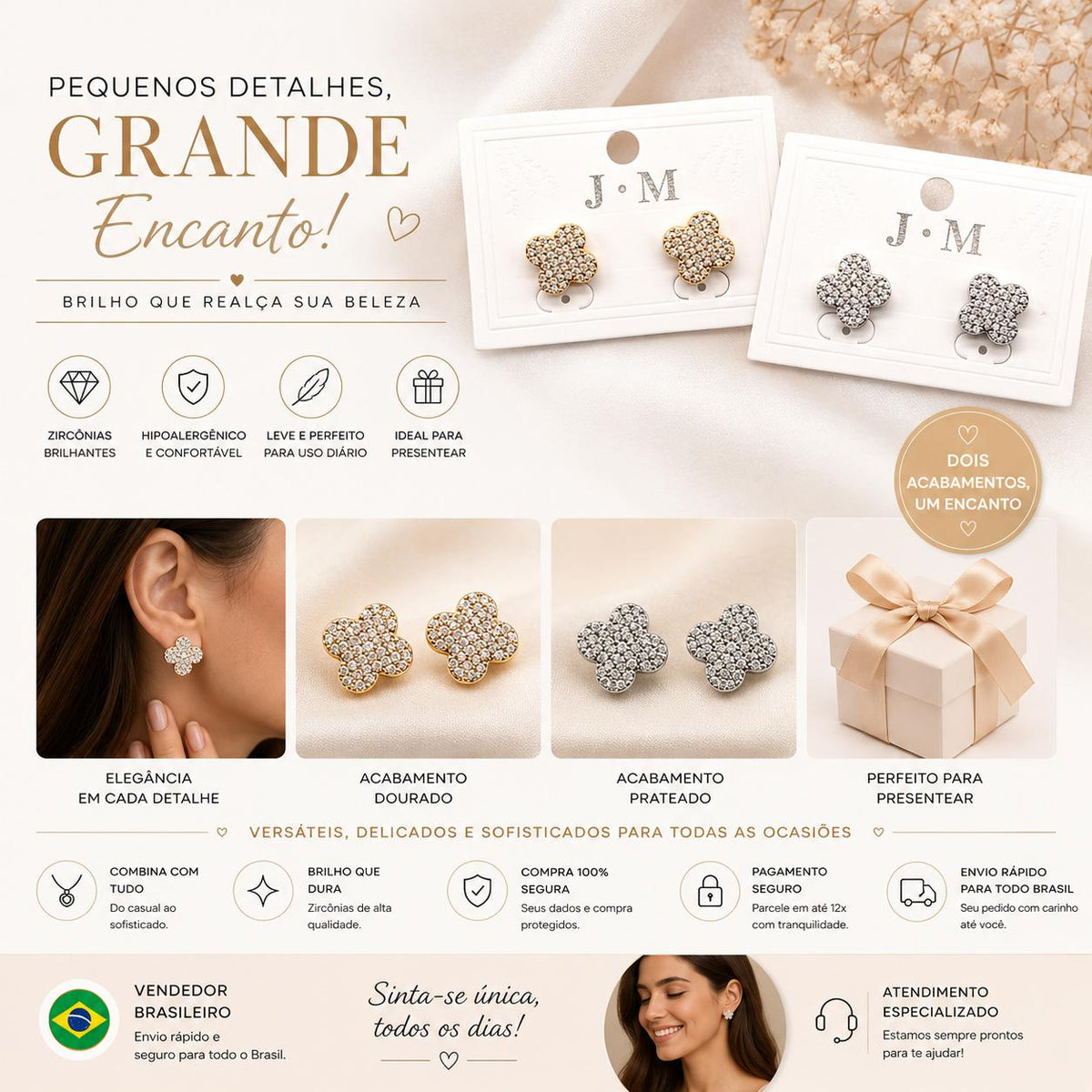 Brinco Trevo de Quatro Folhas em Zircônia