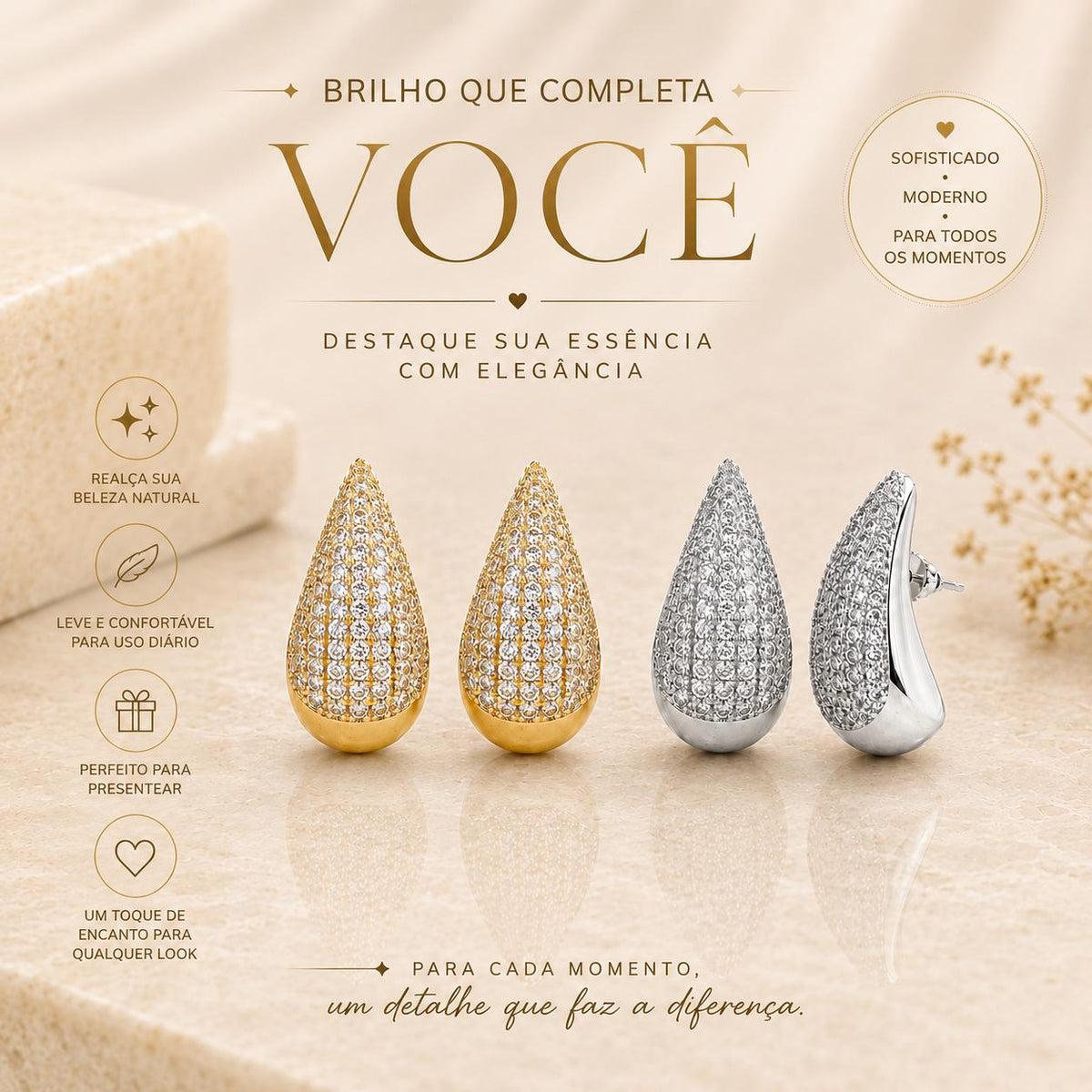 Brinco Gota Pavê Zircônia | Modelo Moderno Sofisticado Dourado/Prateado Uso Diário