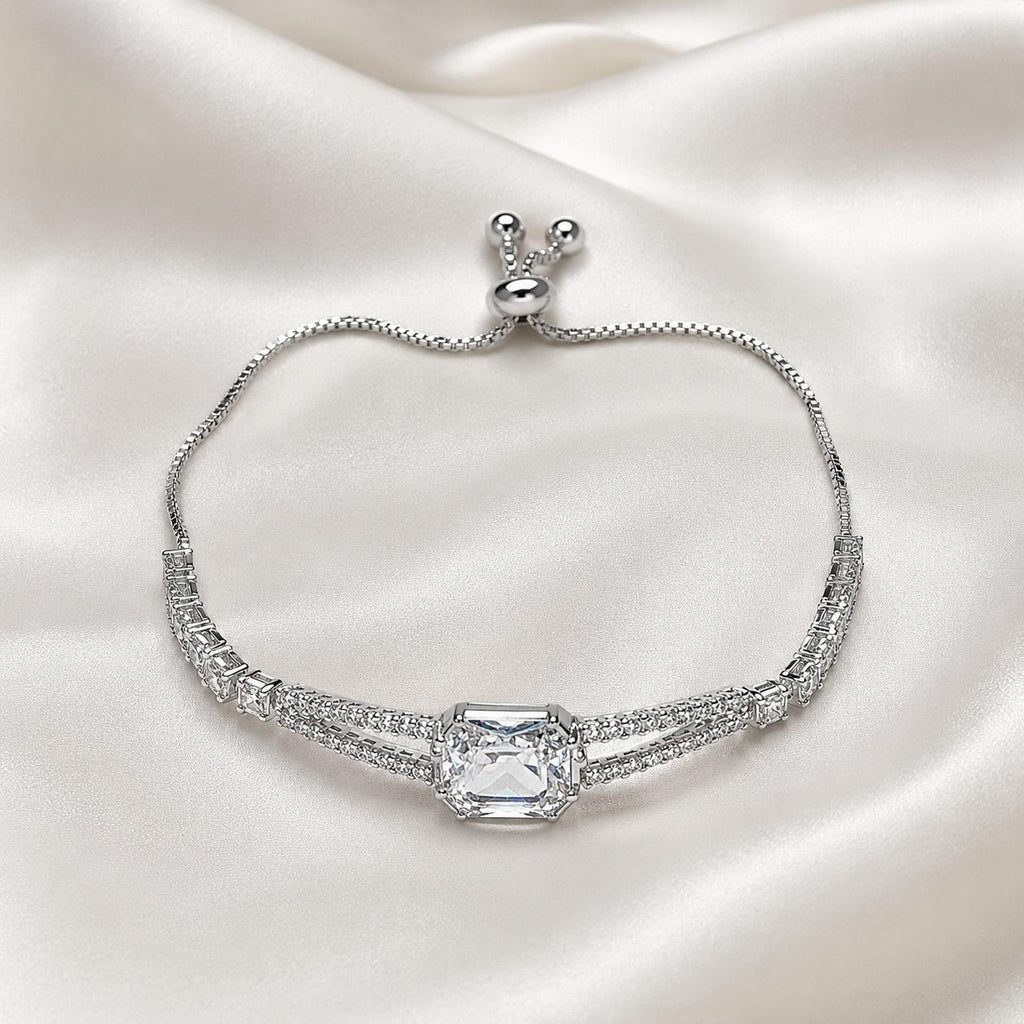 Pulseira Ajustável Dupla Corrente com Pedra Retangular Central Zircônia Brilhante | Pulseira Feminina Dourada e Prateada Acessório Luxuoso para Presente