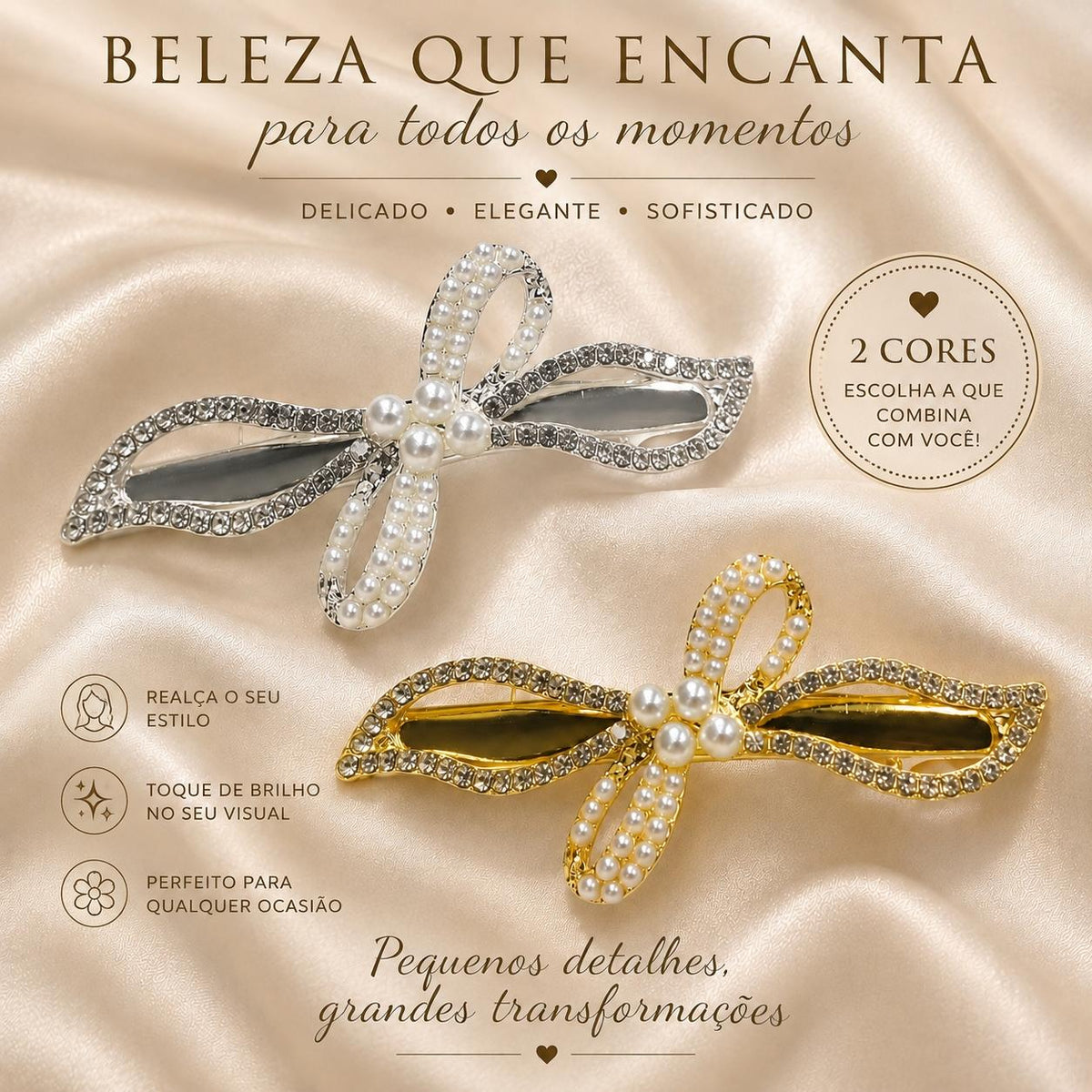 Presilha Laço com Pérolas e Zircônias Elegante | Grampo Dourado e Prateado para Cabelo Uso Diário e Festas