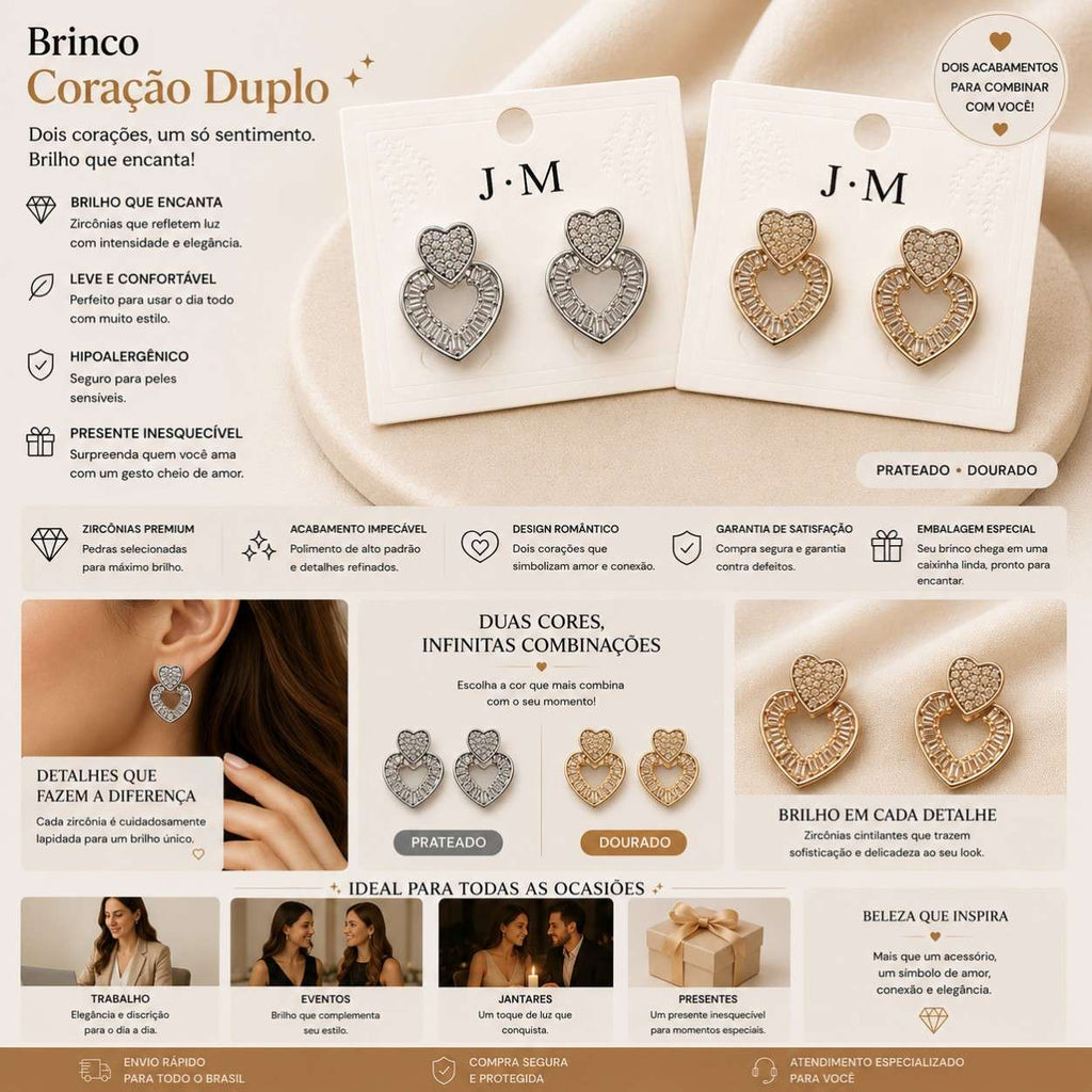 Brinco Coração Duplo com Zircônias Micro-pavimentadas e Baguete Design Romântico Elegante para Todas as Ocasiões