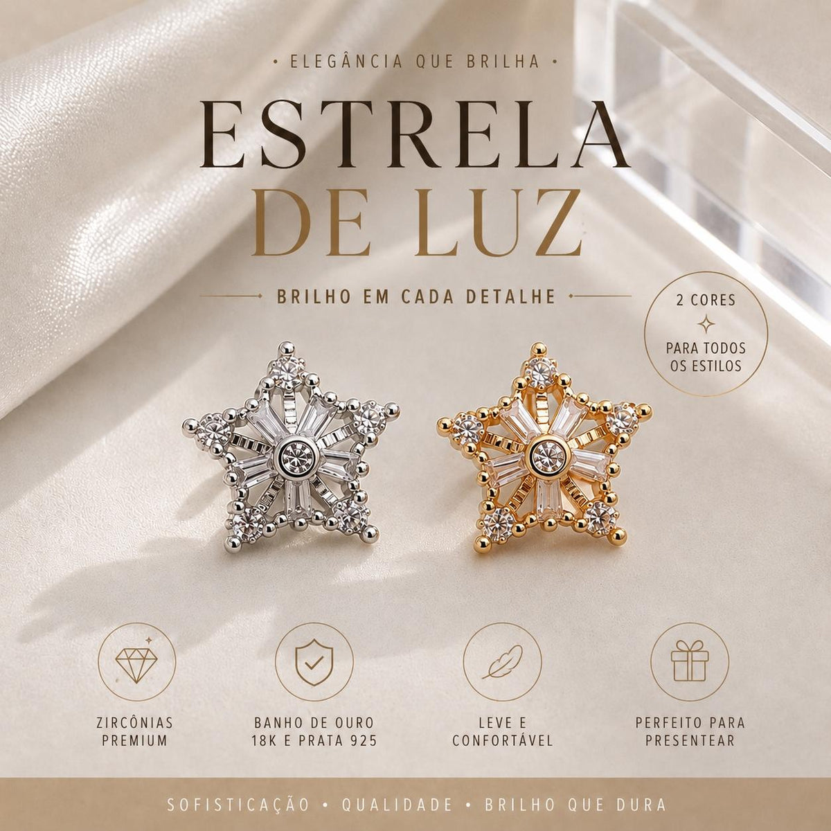 Brinco Estrela com Zircônias em Corte Baguete e Redondas Brilho Dinâmico Elegância para Ocasiões Especiais