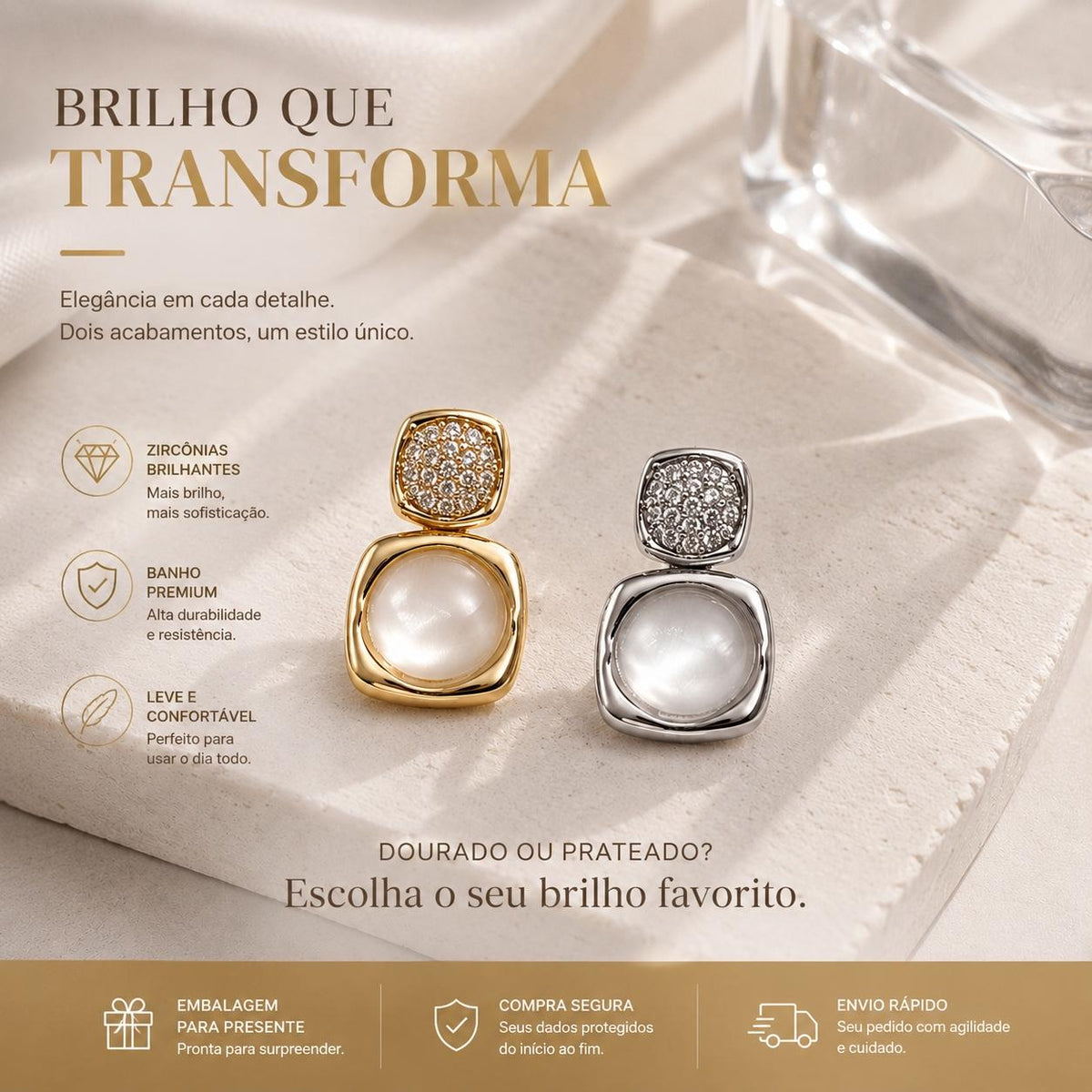 Brinco Duplo com Zircônias e Pedra Olho-de-Gato
