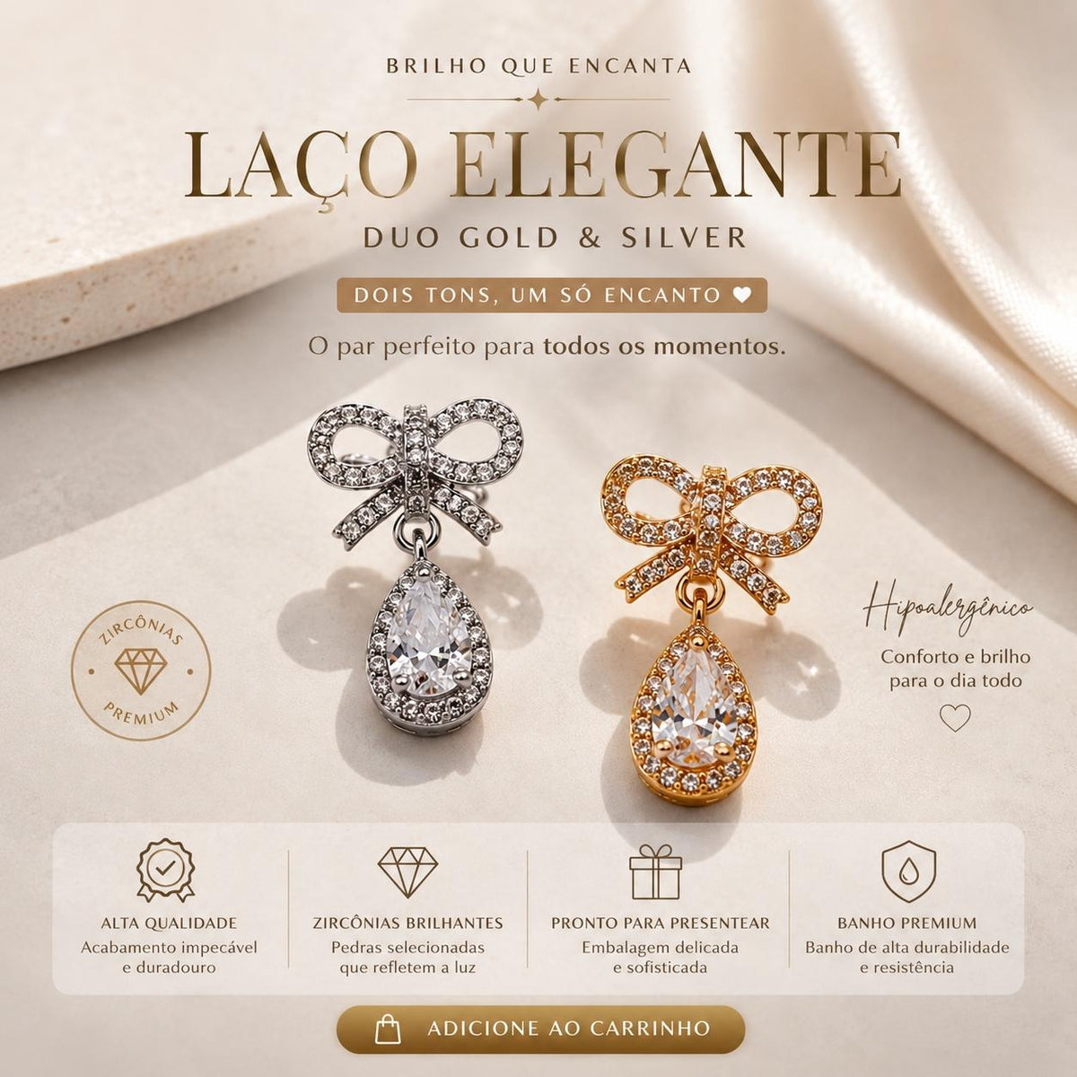 Brinco Laço com Pingente Gota de Zircônia