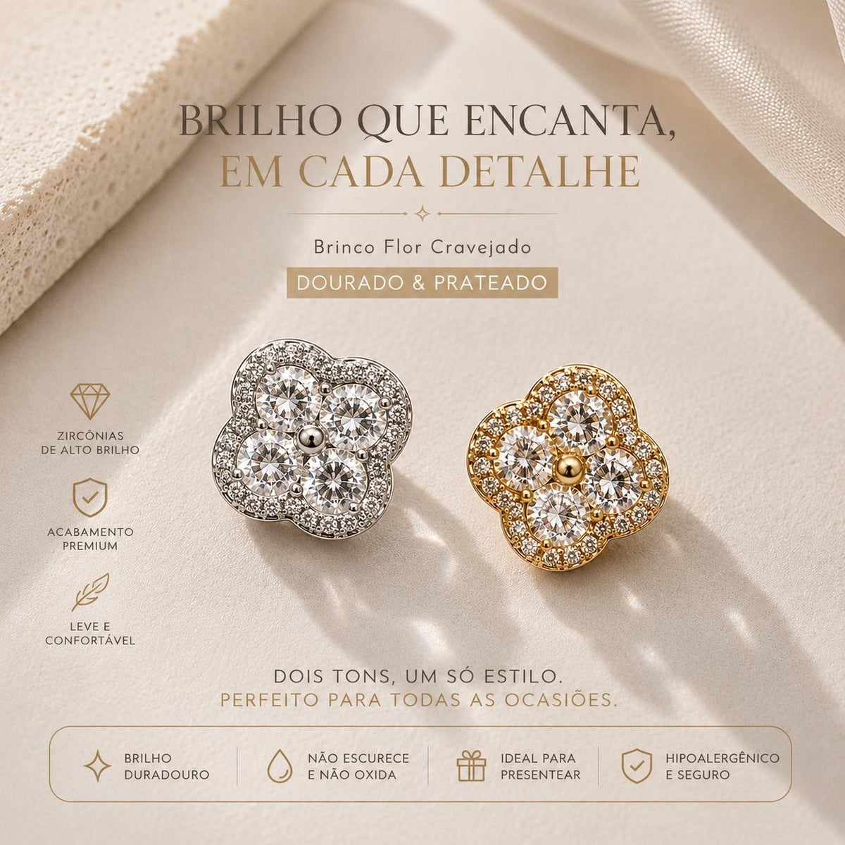 Brinco Trevo Flor em Zircônia Halo Design Floral Elegante com Zircônias em Camadas para Sorte e Glamour