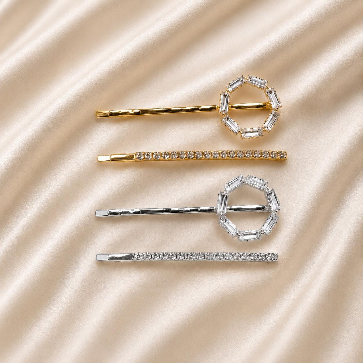 Kit Grampo de Cabelo Hexágono Zircônia 2 Peças | Presilha Feminina Delicada Dourado e Prateado