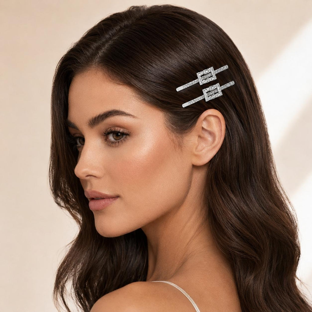 Kit 2 Presilhas de Cabelo Retângulo Duplo Zircônia | Presilha Feminina Elegante Dourado e Prateado