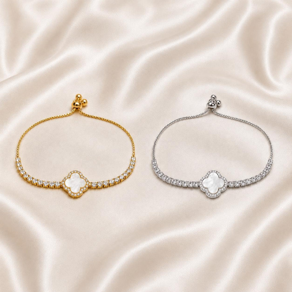 Pulseira Ajustável Trevo de Quatro Folhas com Madrepérola e Zircônias | Pulseira Feminina Dourada e Prateada Acessório Elegante para Presente
