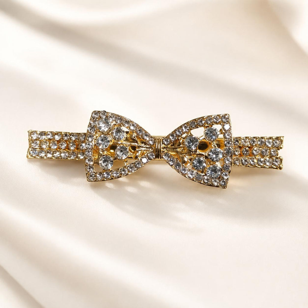 Presilha Laço Gravata Clássico Cheio de Zircônias Grandes | Grampo Dourado e Prateado Acessório Feminino Elegante para Cabelo