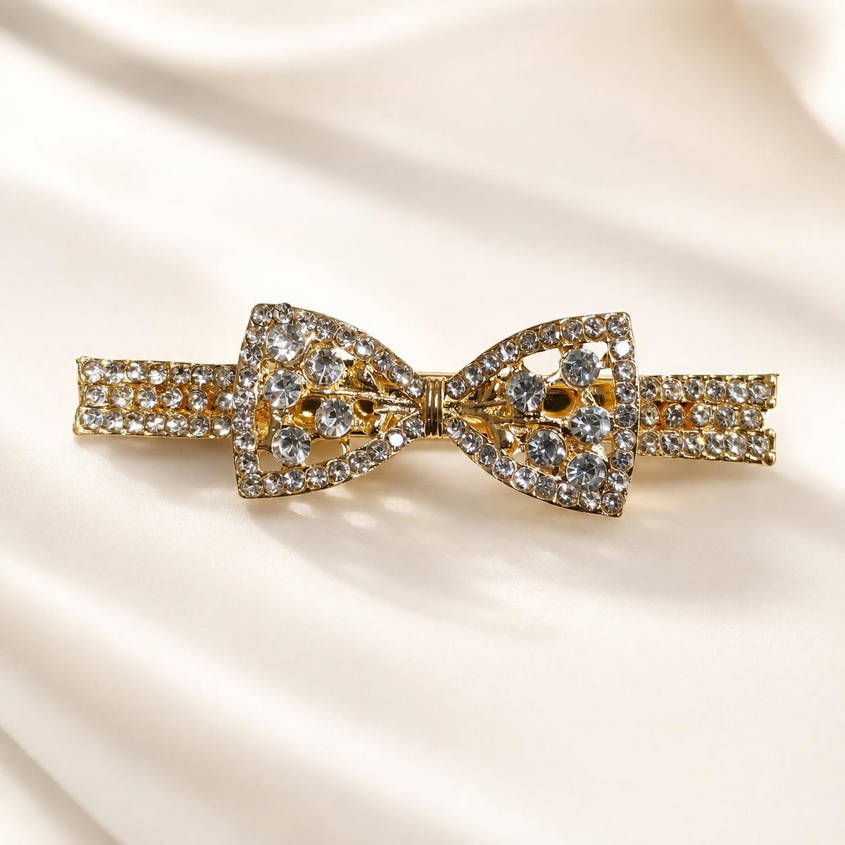 Presilha Laço Gravata Clássico Cheio de Zircônias Grandes | Grampo Dourado e Prateado Acessório Feminino Elegante para Cabelo