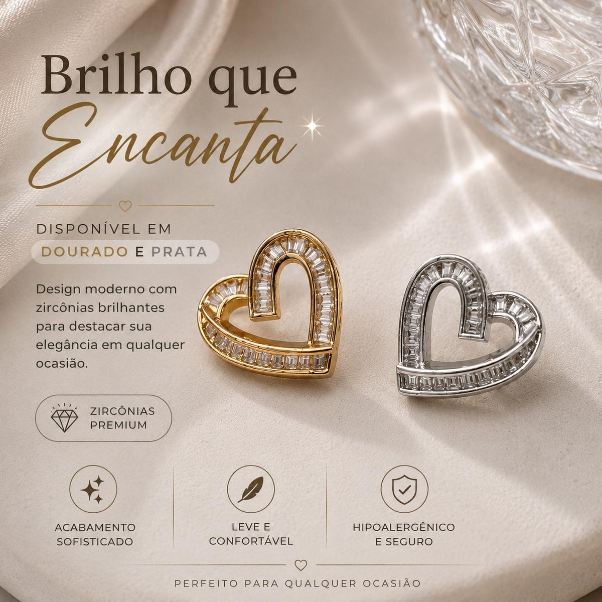 Brinco Coração Vazado com Zircônias Baguete
