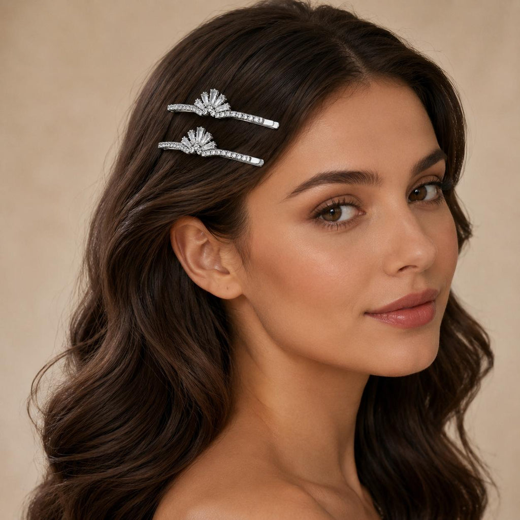 Kit 2 Presilhas de Cabelo Leque Zircônia | Presilha Feminina Elegante Dourado e Prateado