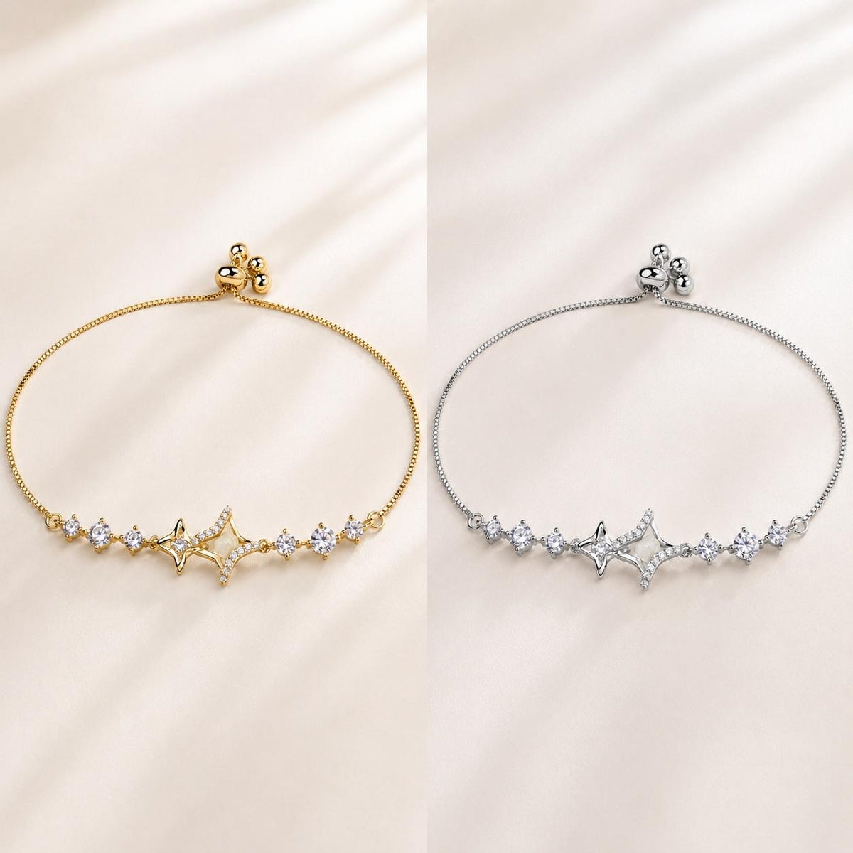 Pulseira Ajustável Estrela com Pedra Olho de Gato e Zircônias | Pulseira Feminina Dourada e Prateada Acessório Elegante para Presente