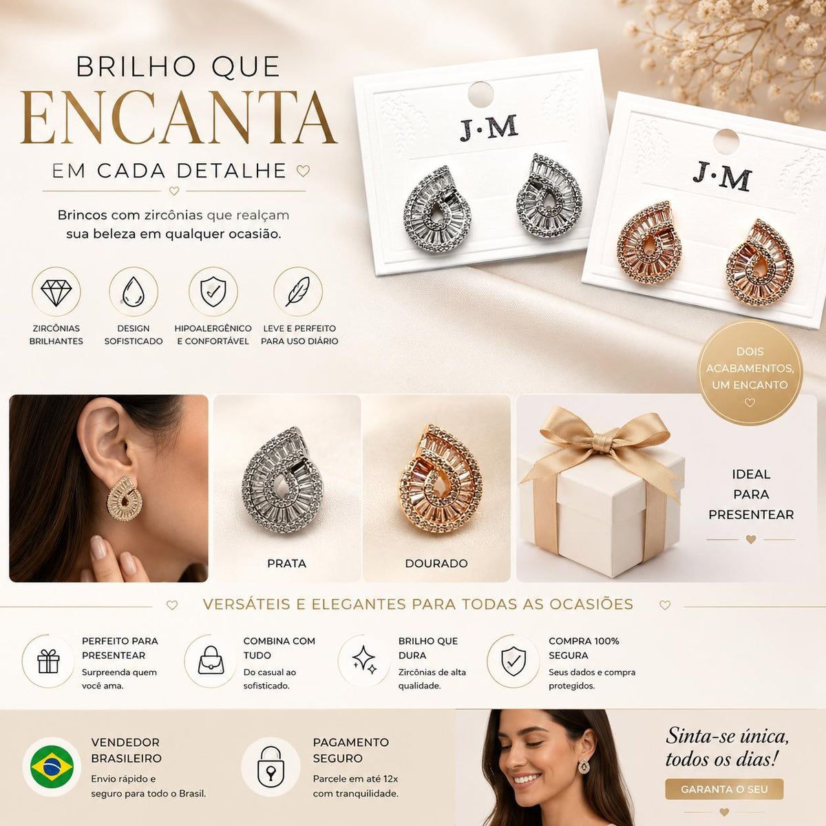JM Bijuteria Brinco Concha em Zircônia Luxo Dual Luxe Brilho em Dobro Elegância sem Esforço Zircônias Lapidadas Design Concha Marinha