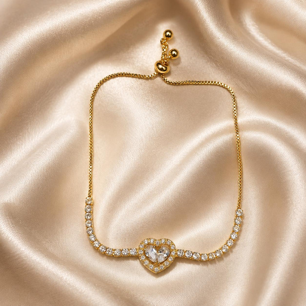 Pulseira Ajustável Coração com Duas Pedras Zircônia e Corrente Cheia de Cristais | Pulseira Feminina Dourada e Prateada Acessório Romântico para Presente