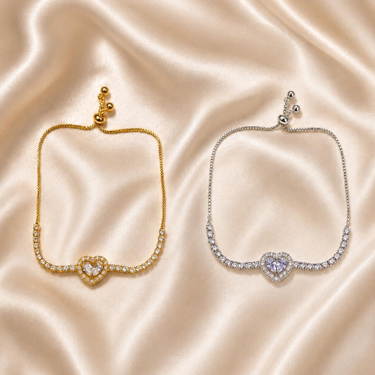 Pulseira Ajustável Coração com Duas Pedras Zircônia e Corrente Cheia de Cristais | Pulseira Feminina Dourada e Prateada Acessório Romântico para Presente