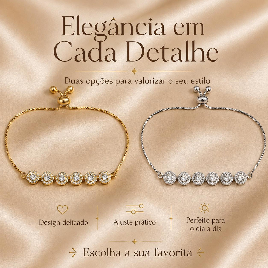 Pulseira Ajustável com Seis Pedras Zircônias Circulares Brilhantes | Pulseira Feminina Dourada e Prateada Acessório Elegante Delicado para Presente