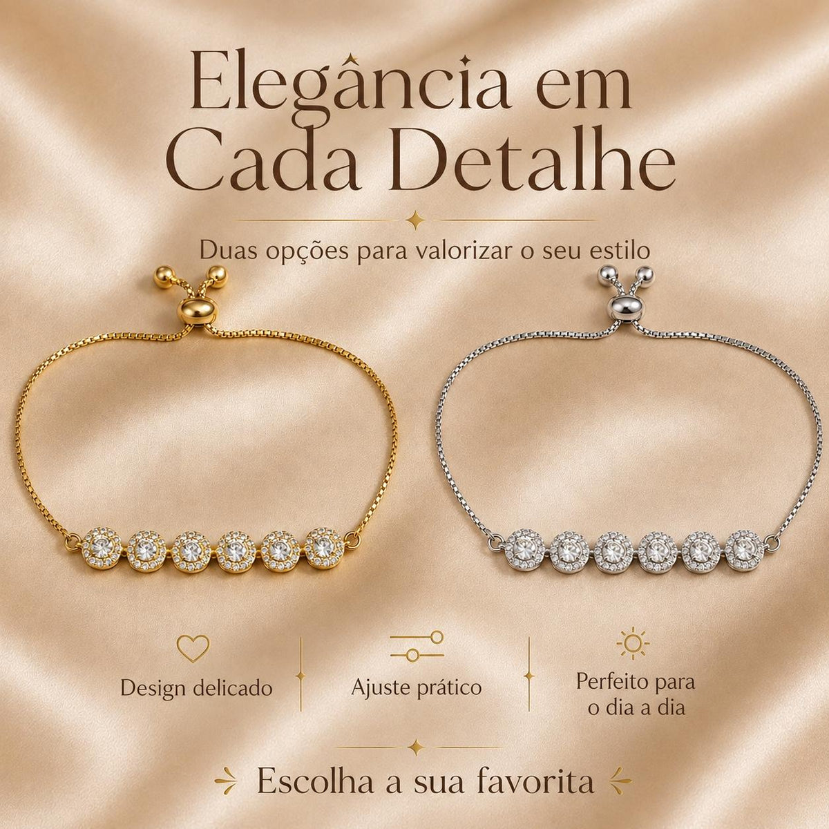 Pulseira Ajustável com Seis Pedras Zircônias Circulares Brilhantes | Pulseira Feminina Dourada e Prateada Acessório Elegante Delicado para Presente