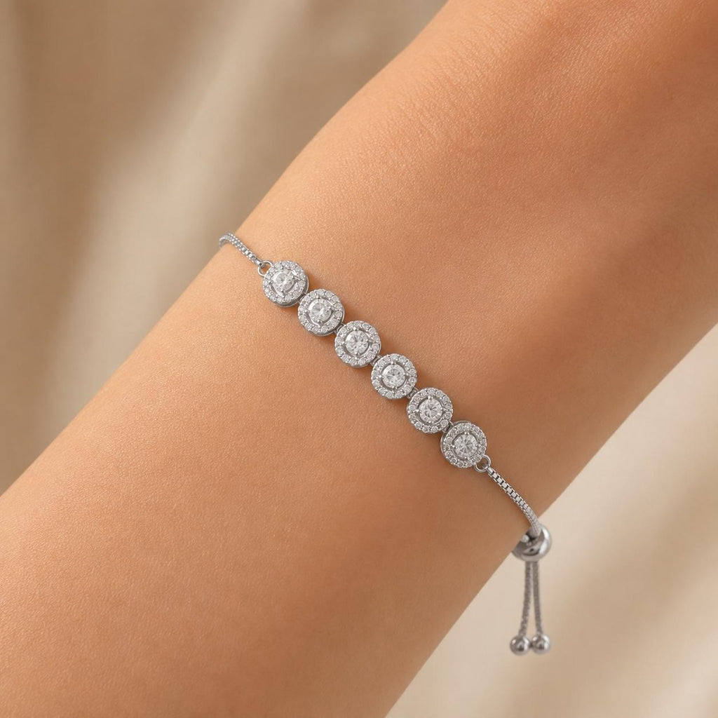Pulseira Ajustável com Seis Pedras Zircônias Circulares Brilhantes | Pulseira Feminina Dourada e Prateada Acessório Elegante Delicado para Presente