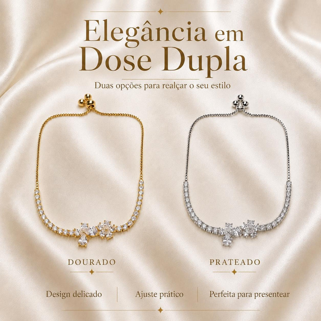 Pulseira Ajustável Duas Flores com Zircônias Brilhantes | Pulseira Feminina Dourada e Prateada Acessório Delicado Luxuoso para Presente