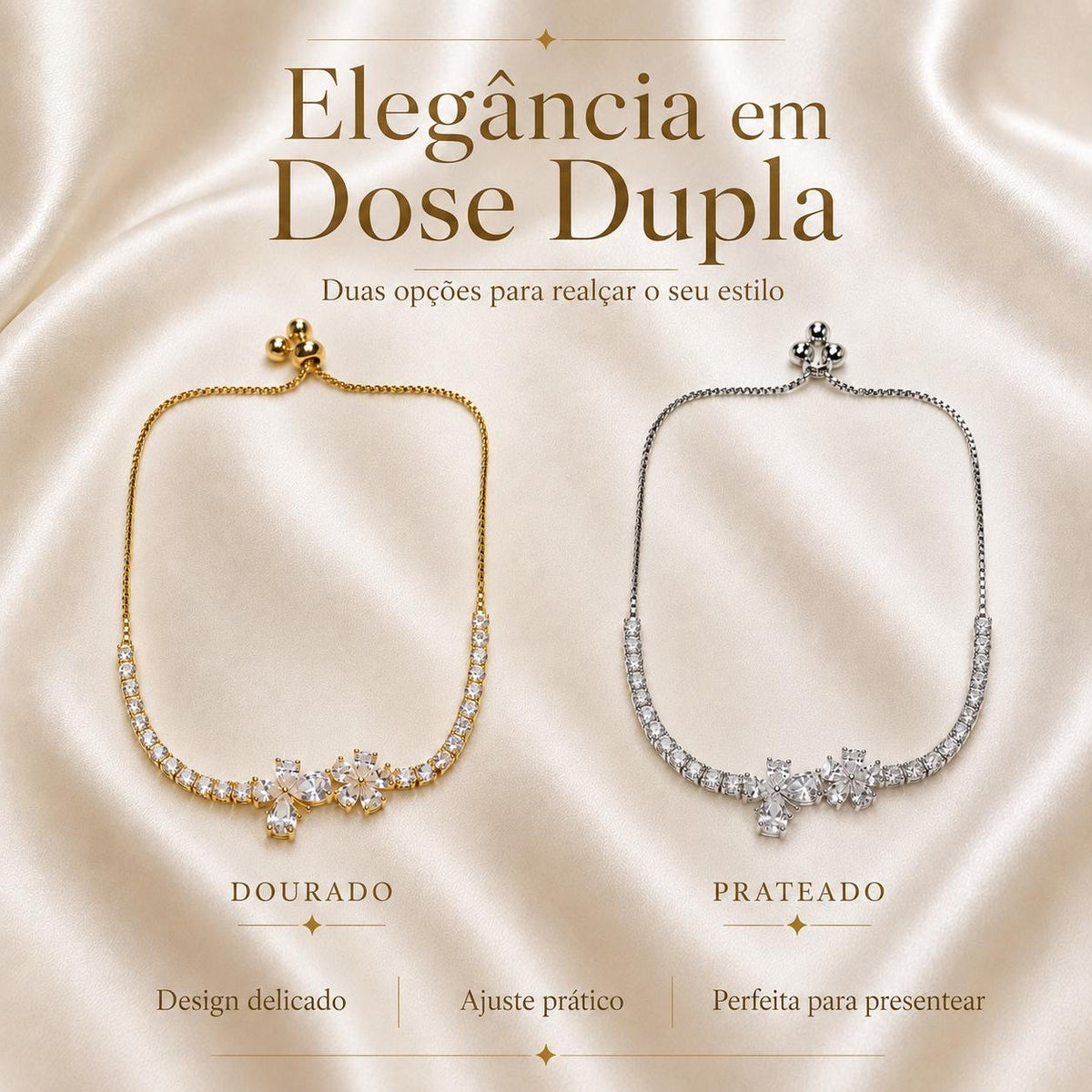 Pulseira Ajustável Duas Flores com Zircônias Brilhantes | Pulseira Feminina Dourada e Prateada Acessório Delicado Luxuoso para Presente