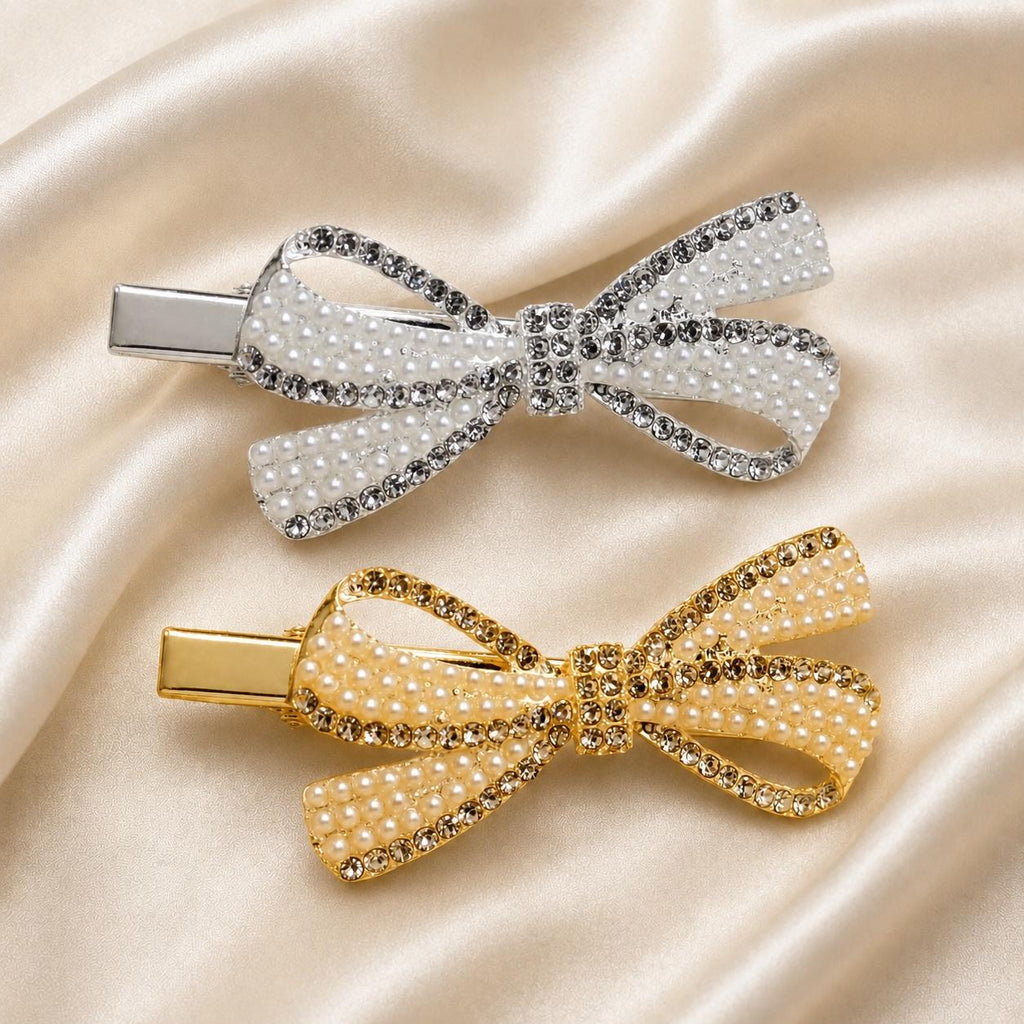 Clipe Laço Cheio de Pérolas com Borda de Zircônias Elegante | Clipe Dourado e Prateado para Cabelo Dia a Dia e Festas