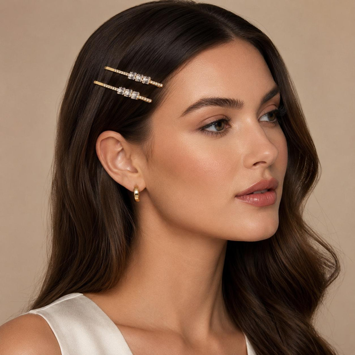 Kit 2 Presilhas de Cabelo com Zircônias Retangulares | Presilha Feminina Elegante Dourado e Prateado
