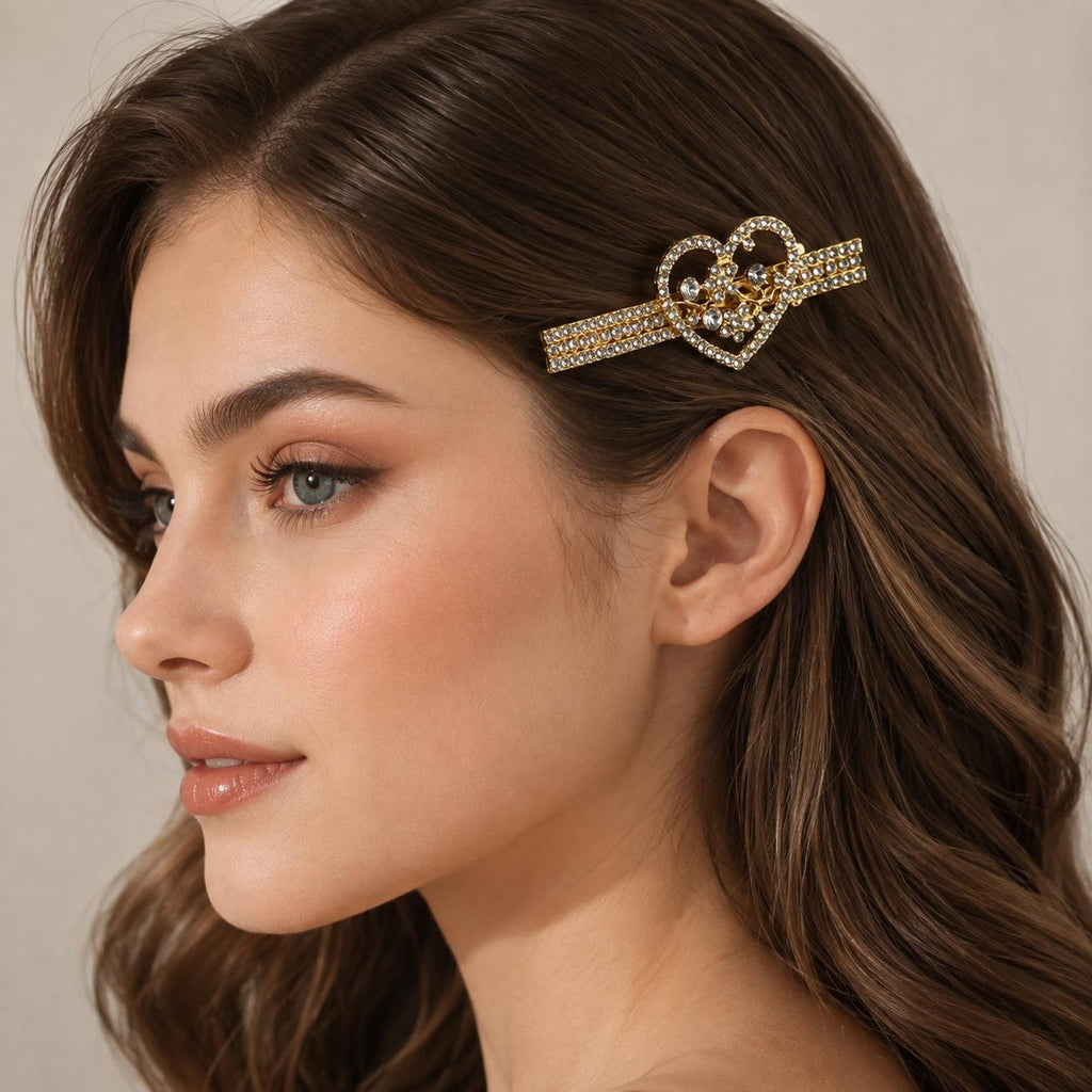 Presilha Coração Vazado com Ramos Florais e Zircônias Brilhantes | Grampo Dourado e Prateado Acessório Feminino Elegante para Cabelo