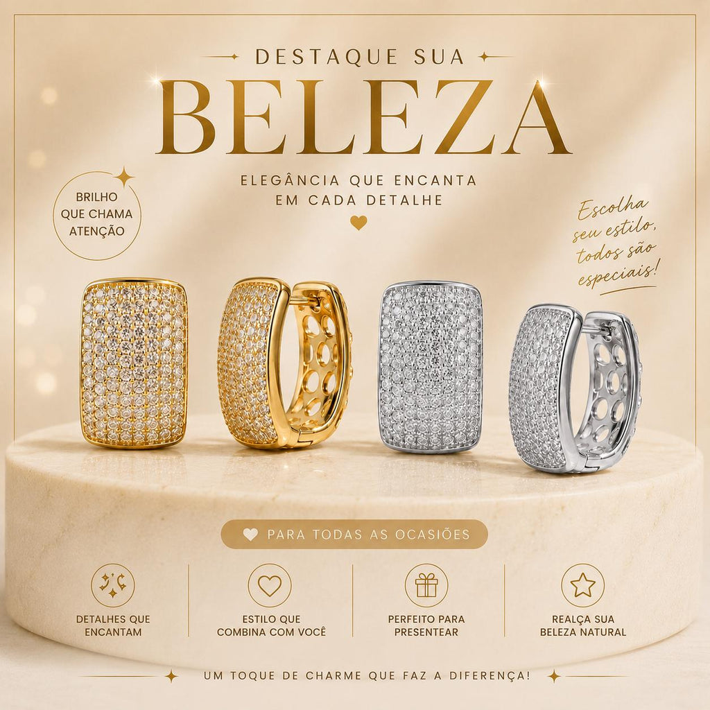Brinco Argola Retangular Pavê Zircônia | Dourado/Prateado Elegante para Todas Ocasiões