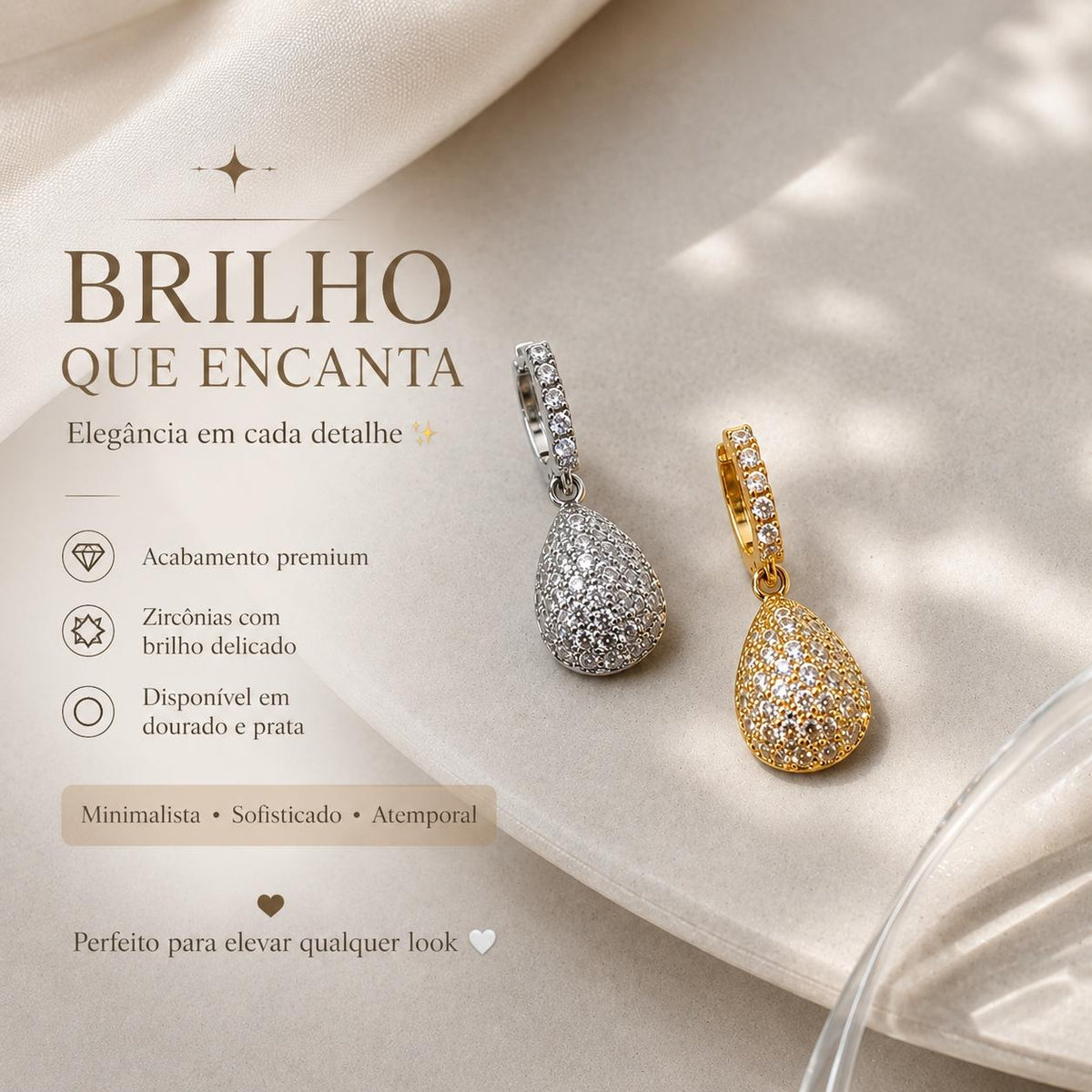 Brinco Gota Pendente em Zircônia Luxo Argola Pequena com Zircônias Brilho Contínuo Elegante e Versátil para Qualquer Ocasião