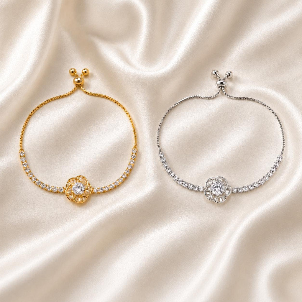Pulseira Ajustável Flor Camélia Oca com Zircônias Brilhantes | Pulseira Feminina Dourada e Prateada Acessório Delicado Luxuoso para Presente