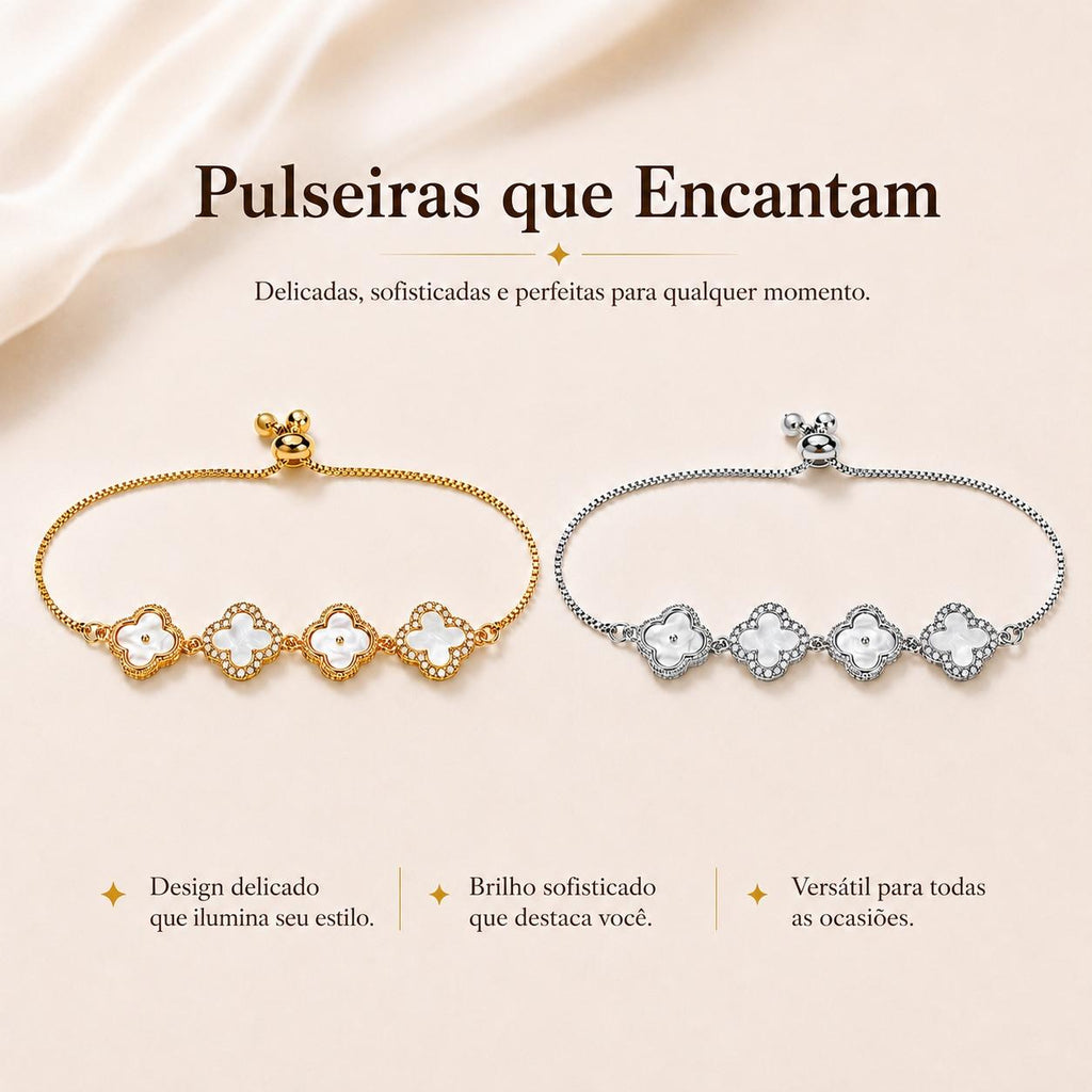 Pulseira Trevo Quatro Folhas com Madrepérola e Zircônias Ajustável | Pulseira Feminina Dourada e Prateada Acessório Delicado Presente