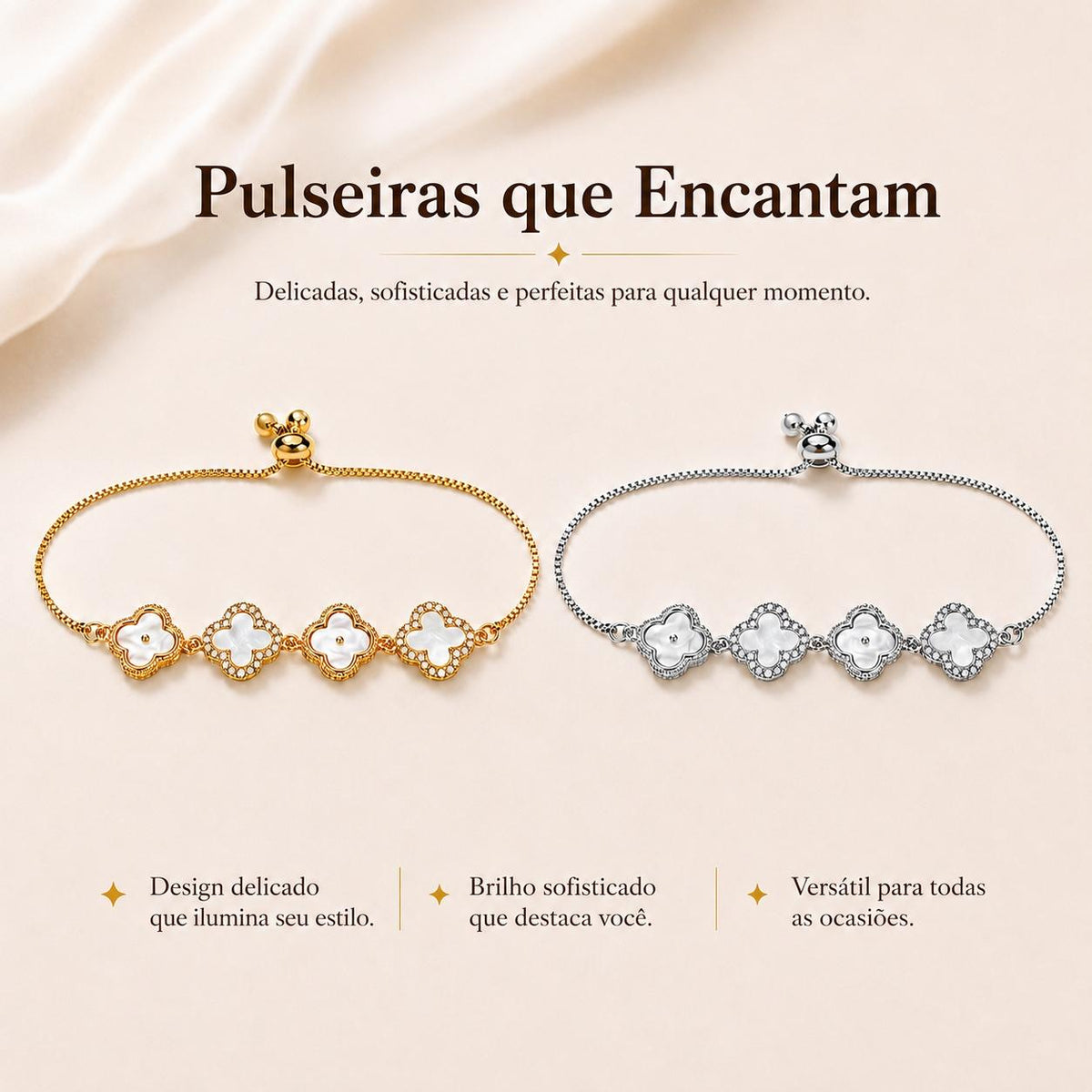 Pulseira Trevo Quatro Folhas com Madrepérola e Zircônias Ajustável | Pulseira Feminina Dourada e Prateada Acessório Delicado Presente
