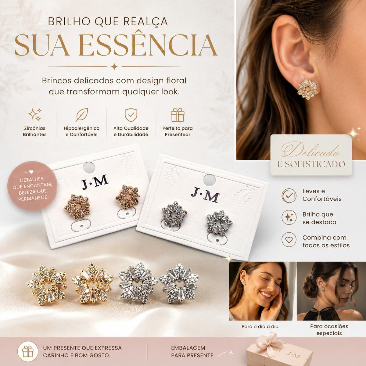 Brinco Flor Estrela com Zircônias Redondas e Corte Baguete Design Simétrico Brilho Contínuo Elegância e Sofisticação para Qualquer Ocasião