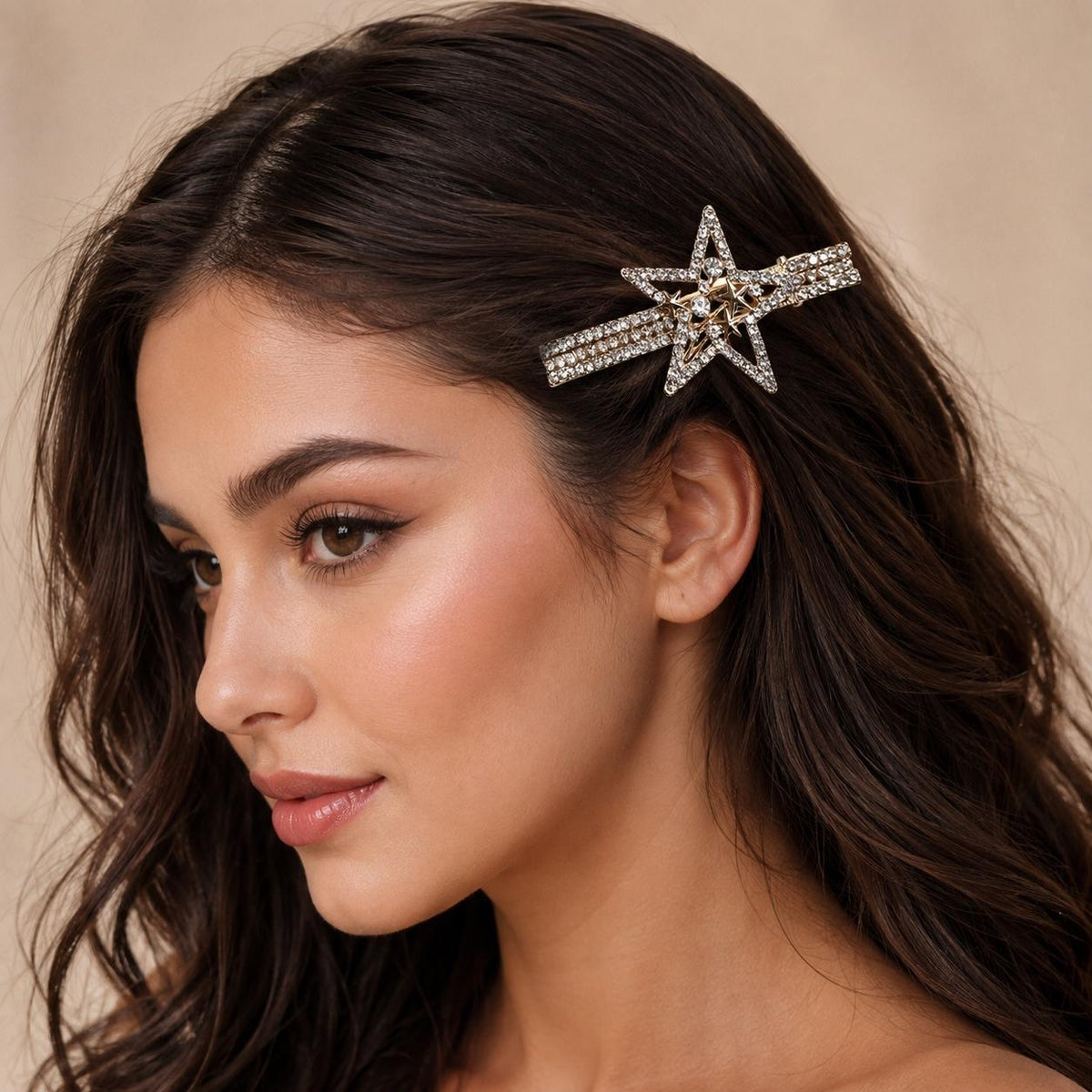 Presilha Estrela Vazada com Zircônias Brilhantes | Grampo Dourado e Prateado Acessório Moderno Feminino para Cabelo