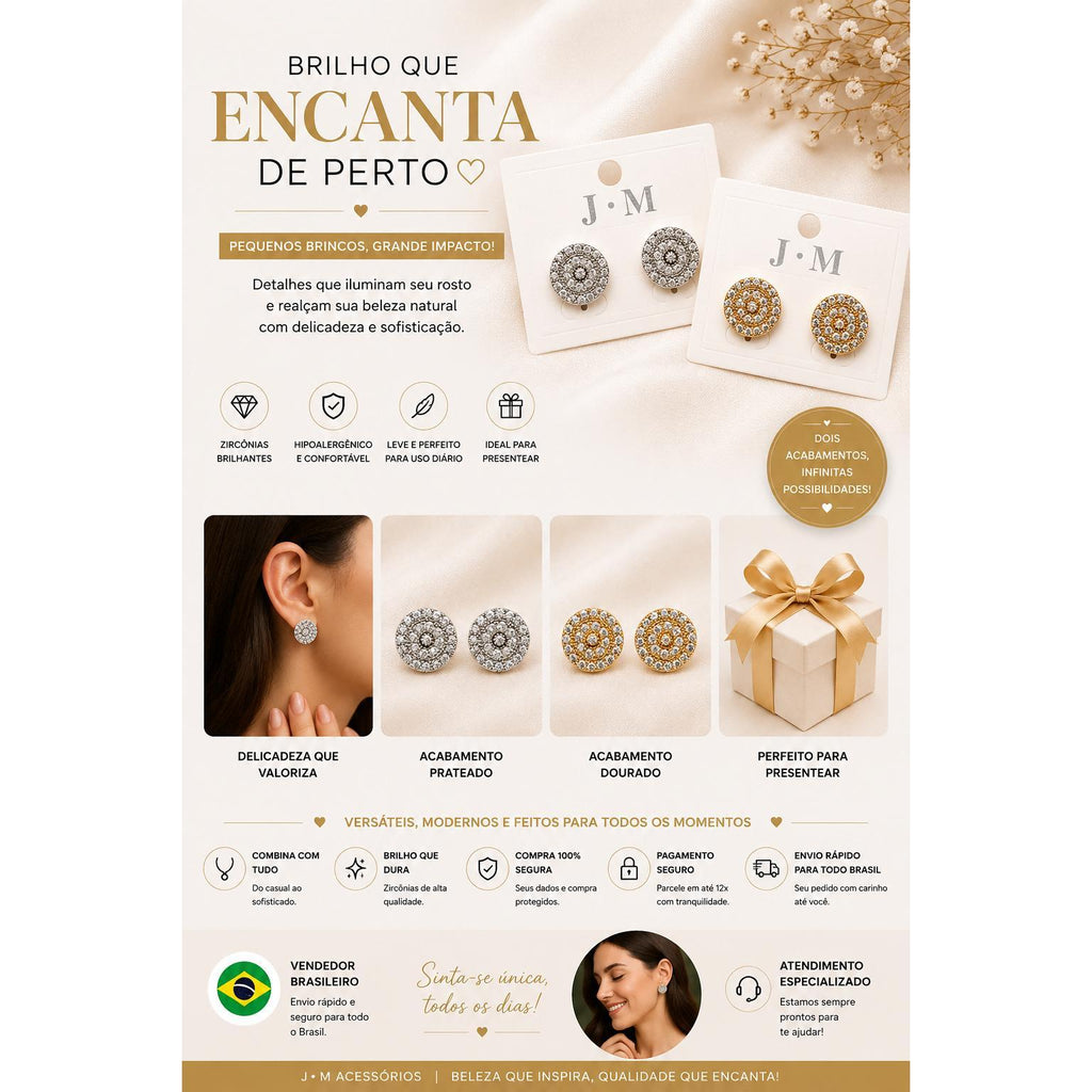 Brinco Redondo em Zircônia Luxo - Acessório de Glamour e Elegância para Qualquer Ocasião - Brilho Intenso e Alta Durabilidade