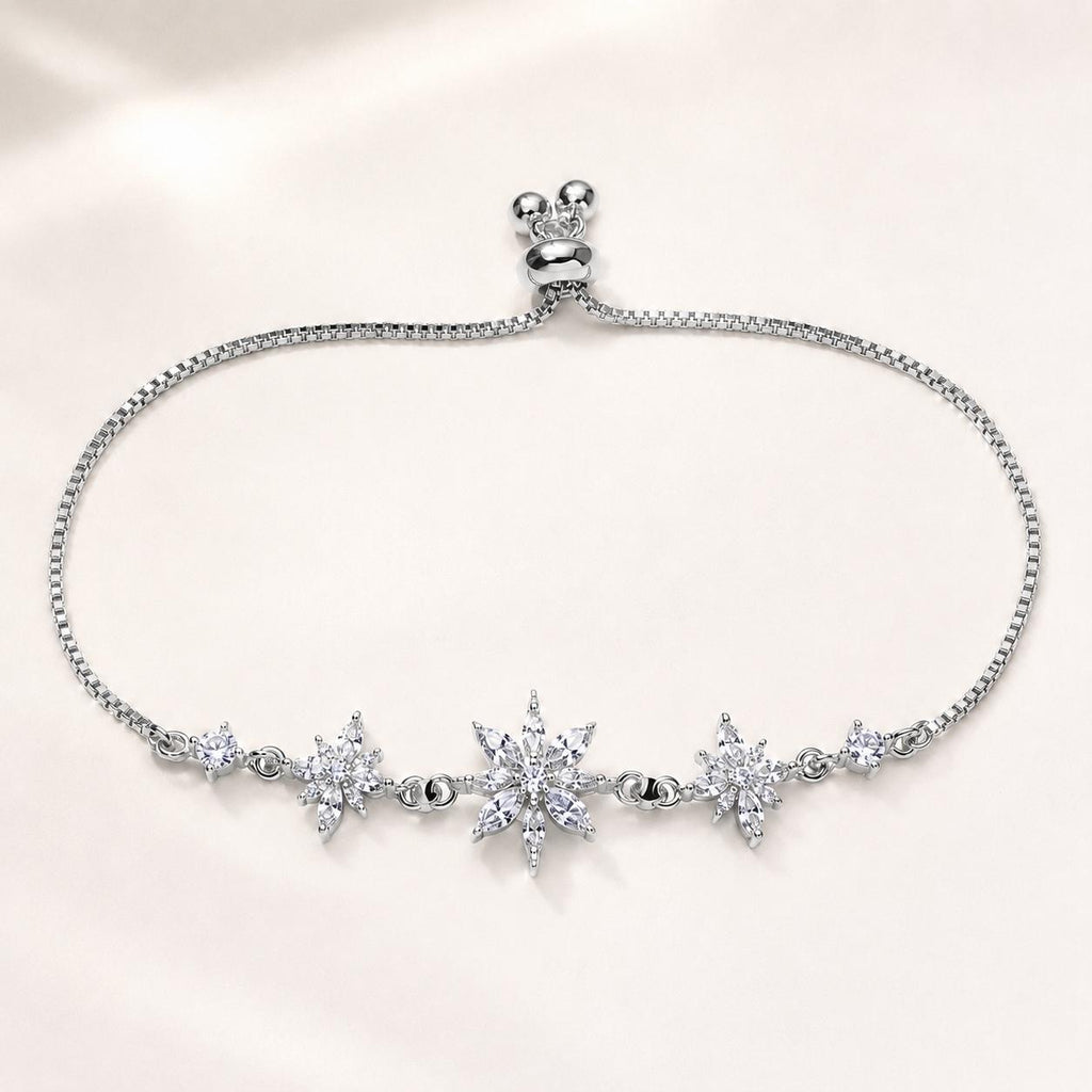 Pulseira Ajustável de Flocos de Neve com Zircônias Brilhantes | Pulseira Feminina Dourada e Prateada Acessório Delicado para Presente