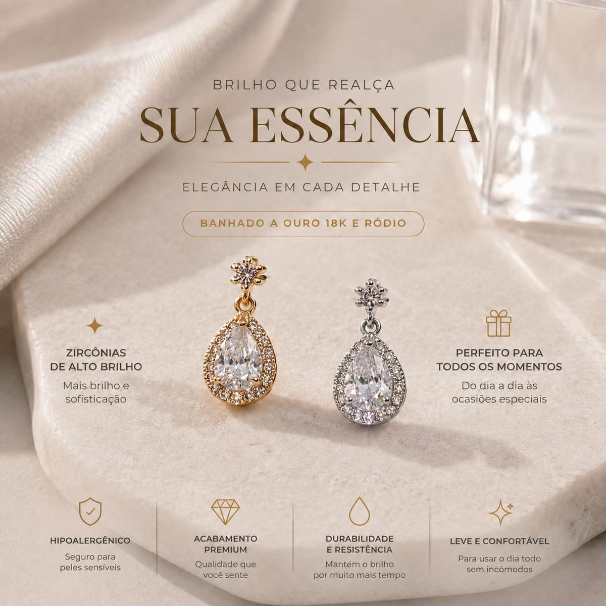 Brinco Gota com Zircônia Central e Halo Elegância Atemporal Adiciona Glamour e Sofisticação para Várias Ocasiões