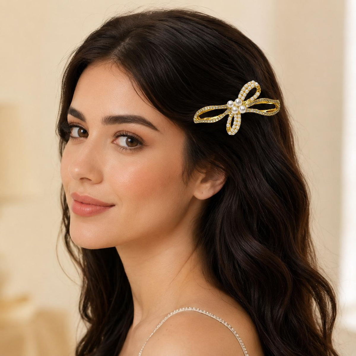Presilha Laço com Pérolas e Zircônias Elegante | Grampo Dourado e Prateado para Cabelo Uso Diário e Festas