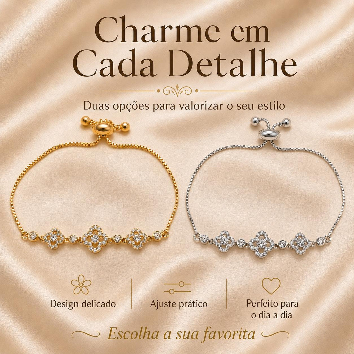 Pulseira Ajustável com Três Trevos Ocos Cravejados de Zircônias | Pulseira Feminina Dourada e Prateada Acessório Delicado Elegante Ideal para Presente