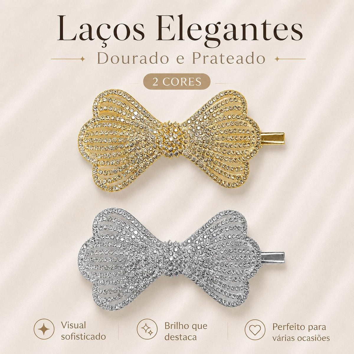 Presilha Laço com Borda em Forma de Coração Vazado Cheio de Zircônias Elegante | Grampo Dourado e Prateado Acessório Feminino para Cabelo Festas e Dia a Dia
