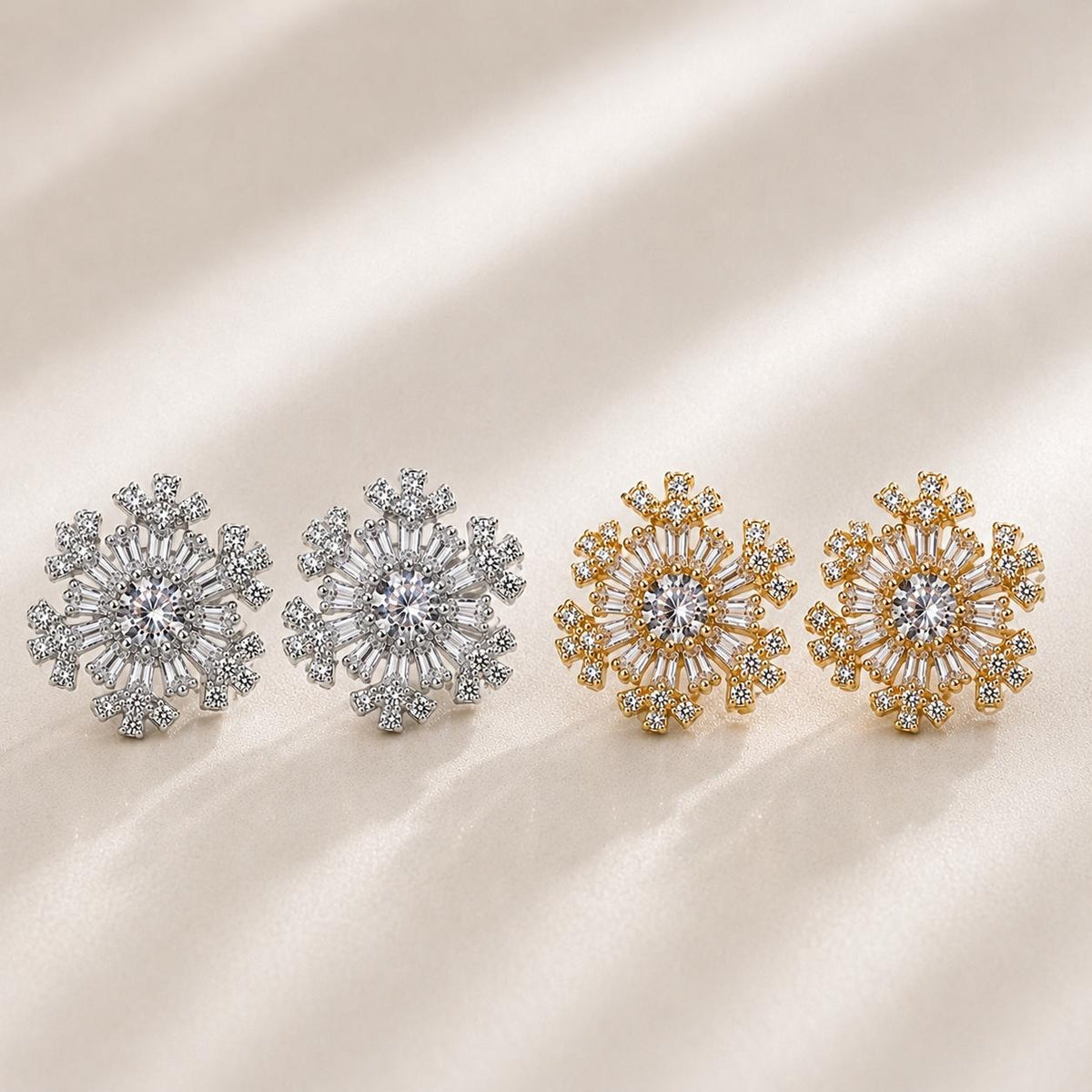 J&M Brinco Flor de Neve com Zircônias Redondas e Corte Baguete para Mulheres que Buscam Charme e Personalidade