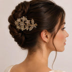 Presilha Ramalho Flor e Folha com Zircônias Iridescentes Elegante | Grampo Dourado e Prateado Acessório Feminino para Dia a Dia e Festas