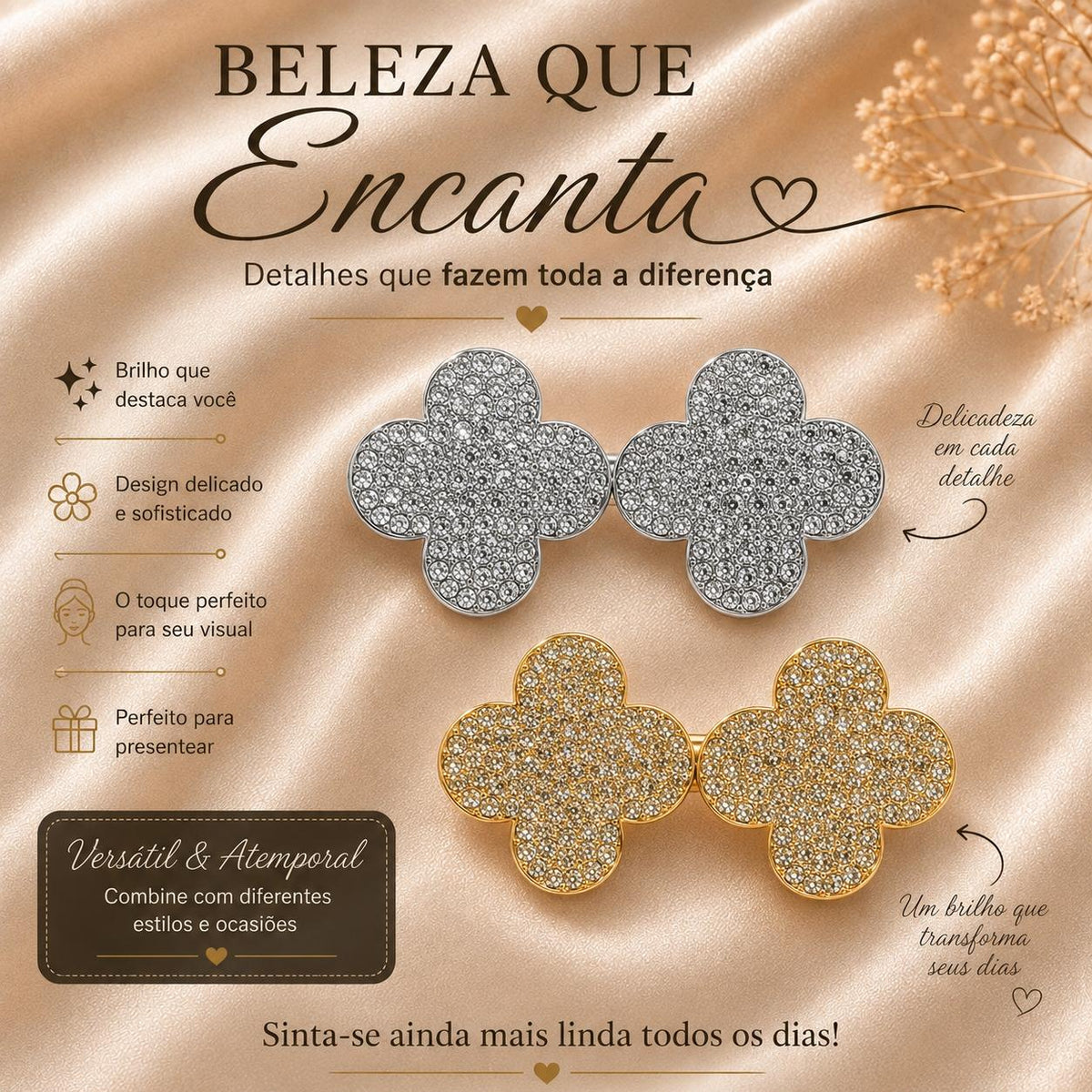 Presilha Dupla Trevo de Quatro Folhas Cheia de Zircônias | Grampo Elegante Dourado e Prateado para Cabelo Uso Diário e Festas