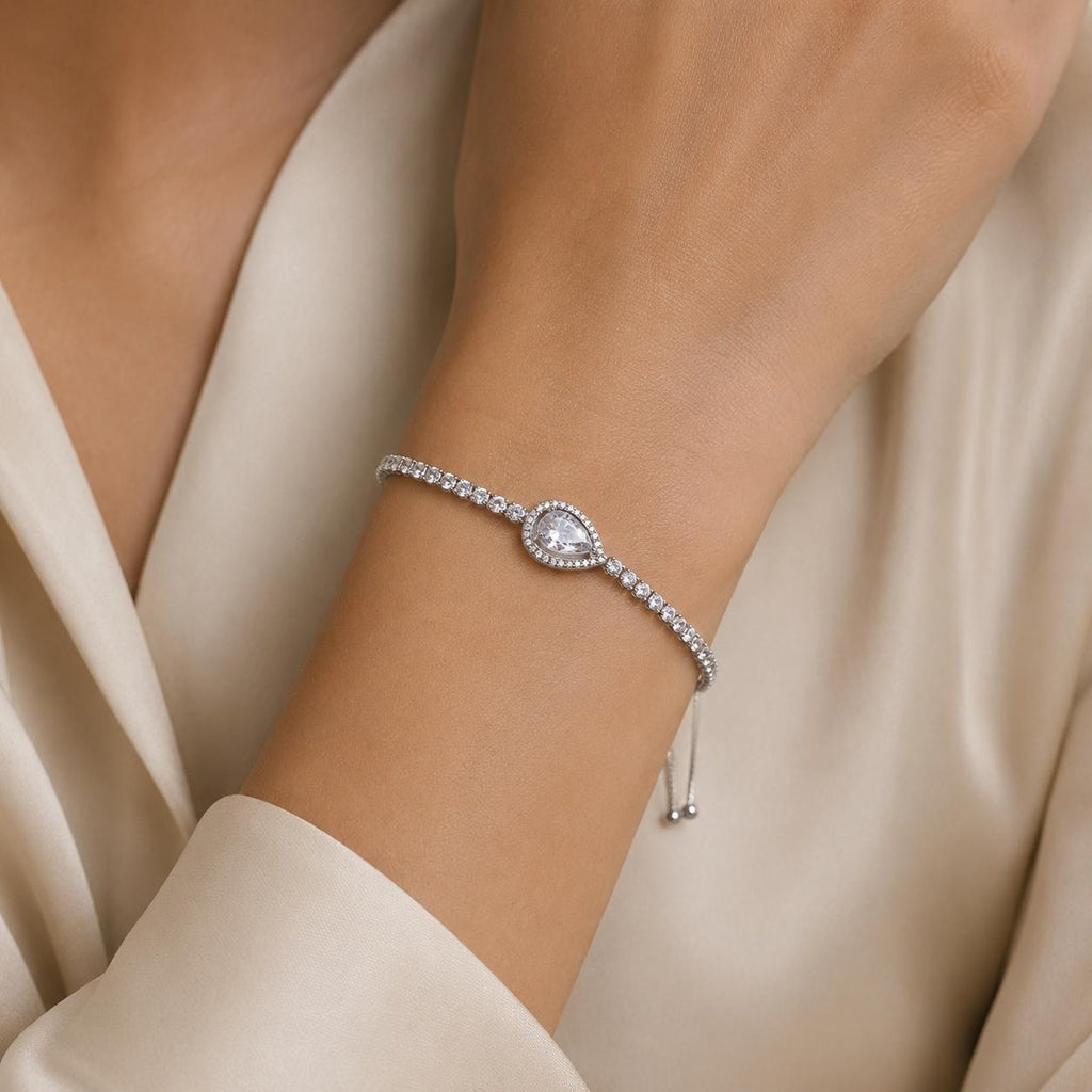 Pulseira Ajustável com Pedra Zircônia em Forma de Gota e Corrente Cheia de Cristais | Pulseira Feminina Dourada e Prateada Acessório Delicado para Presente