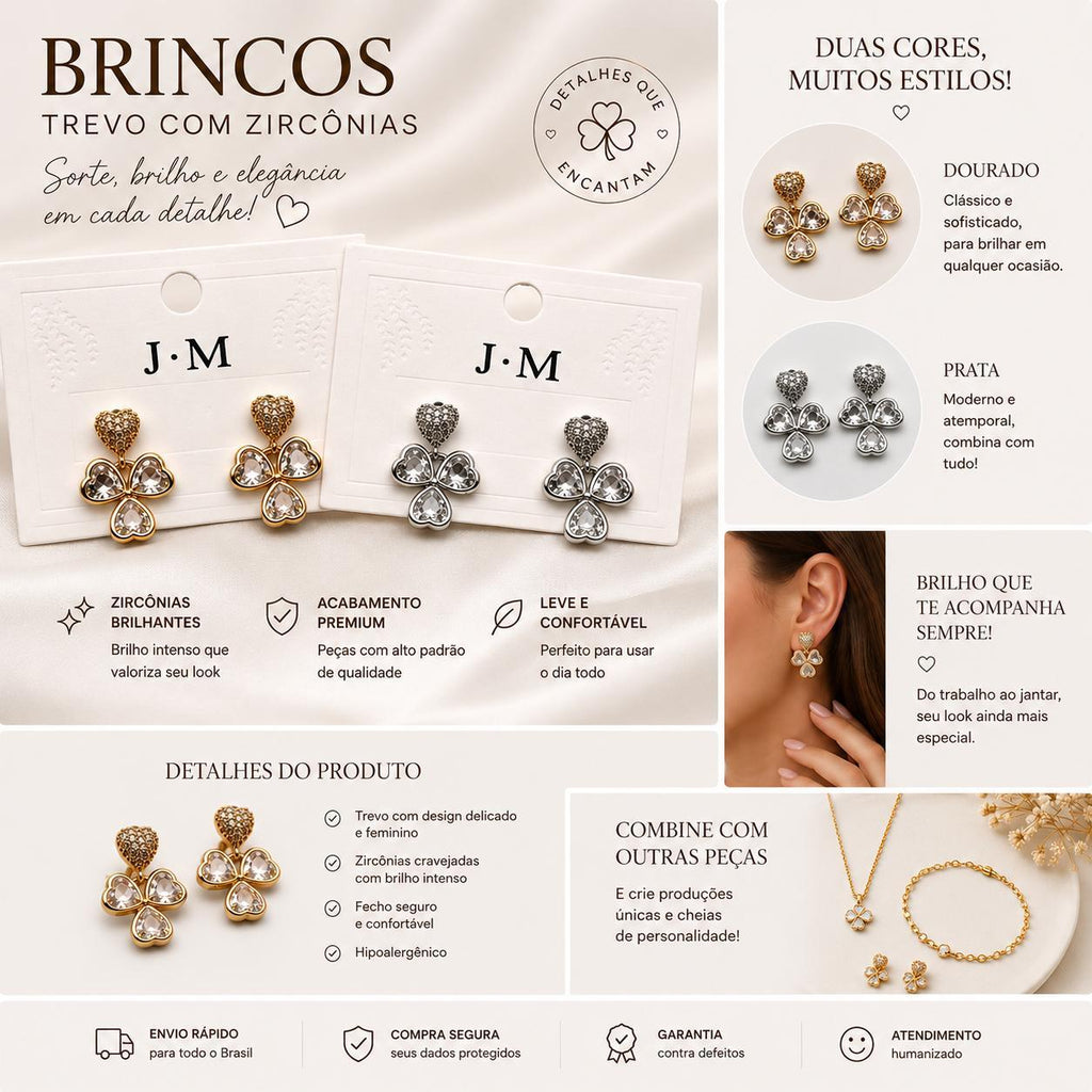 Brinco Pendente Trevo com Corações e Zircônias