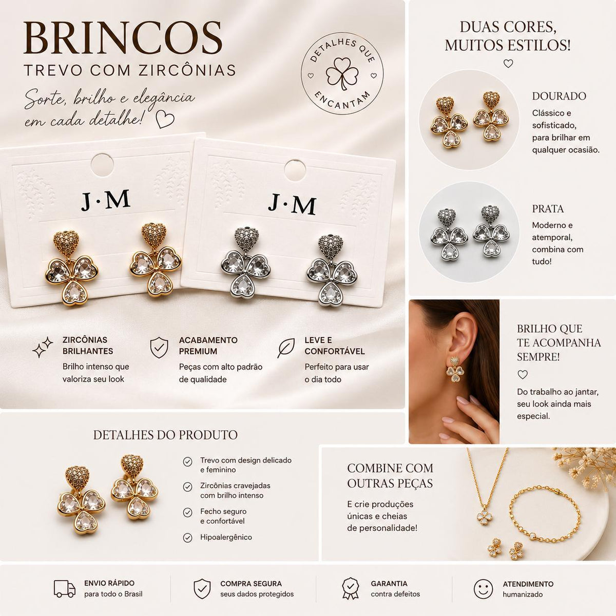 Brinco Pendente Trevo com Corações e Zircônias