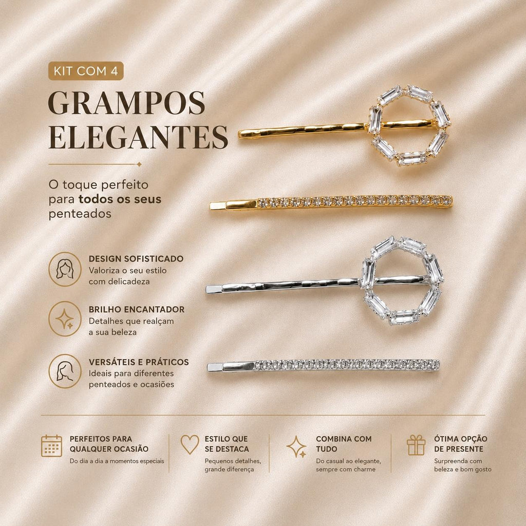 Kit Grampo de Cabelo Hexágono Zircônia 2 Peças | Presilha Feminina Delicada Dourado e Prateado
