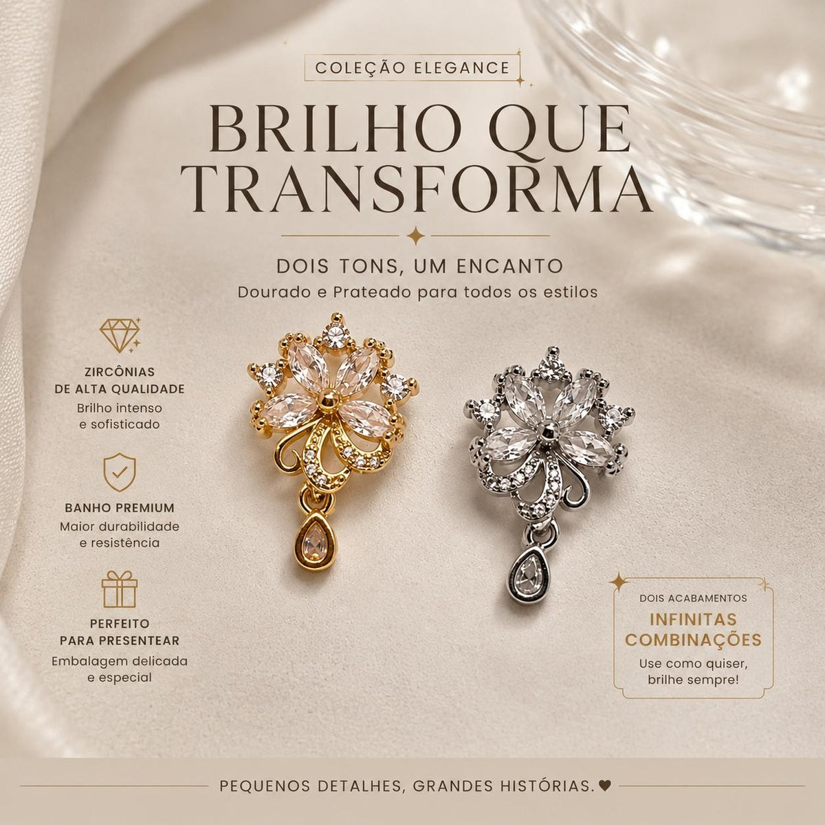 Brinco Flor com Pingente Gota de Zircônia